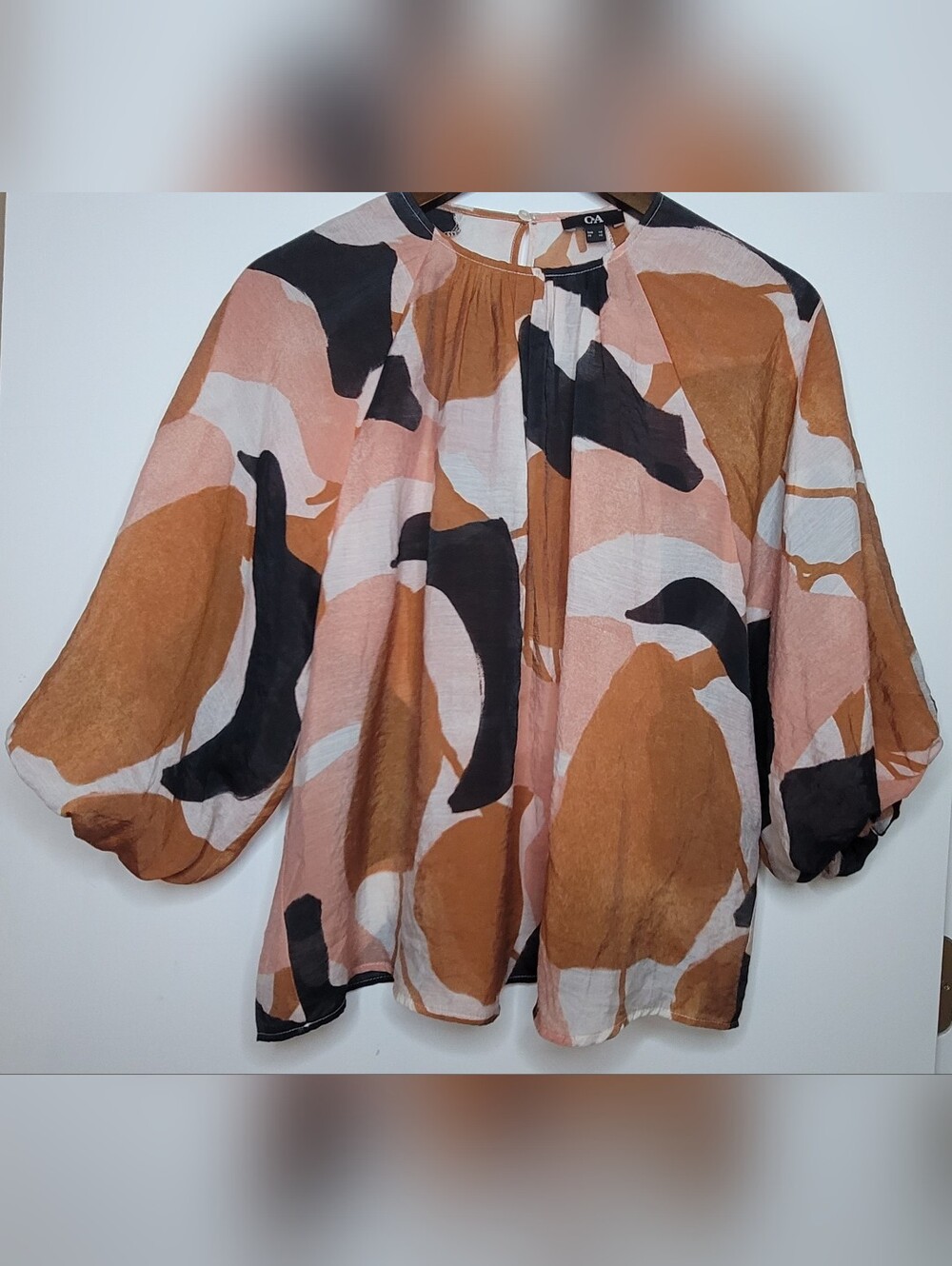 C&A Abstract Print Puff Sleeve Top - Black, Orange, Peach & White, Size 10/M